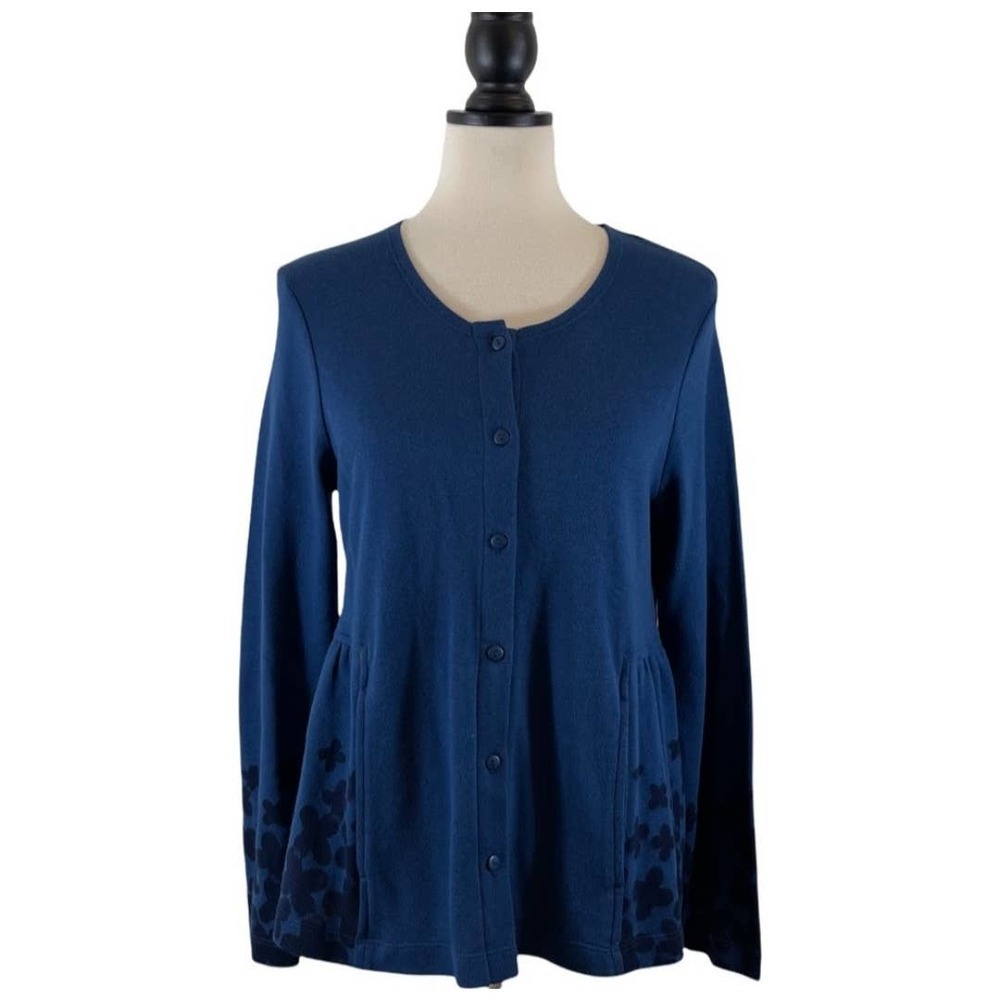 Gudrun Sjoden Blue Floral Cardigan Sweater Button Front, Size M